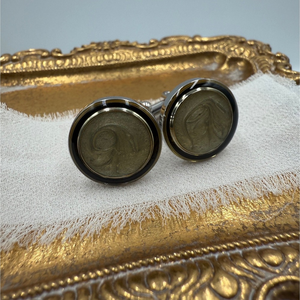 Vintage Round Silver Tone Cufflinks Swirl Center Black Enamel Border Formal Wear